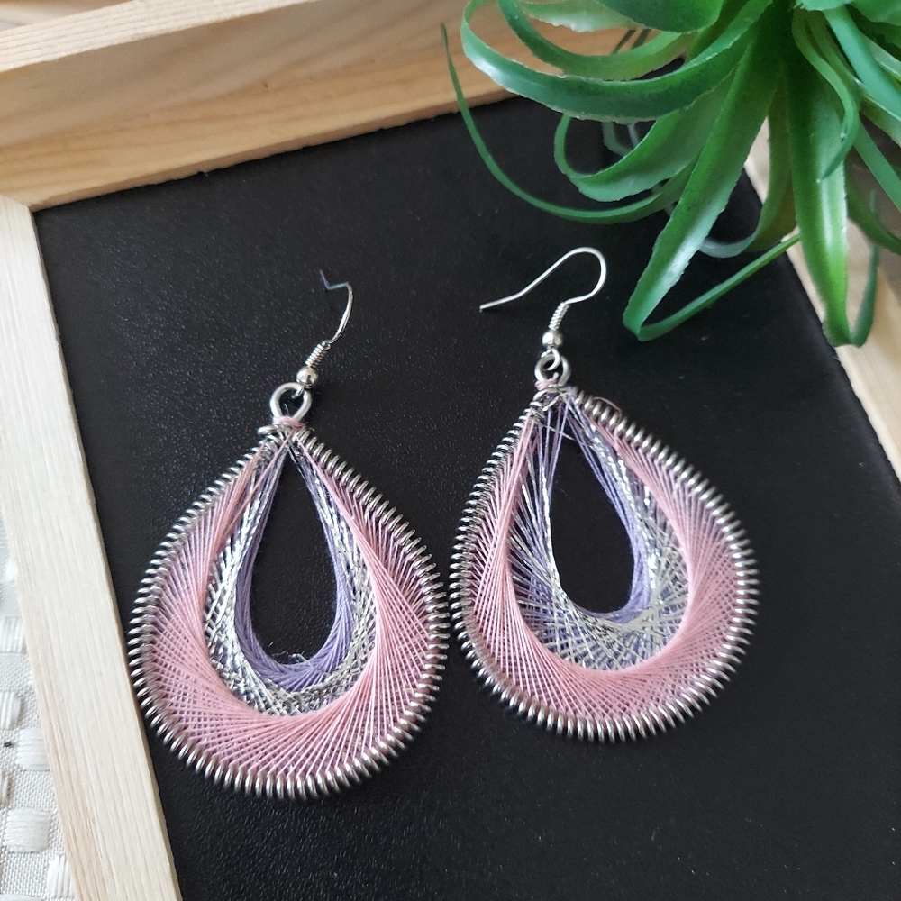 E190 Multi Colored String Spun Teardrop Statement Earrings